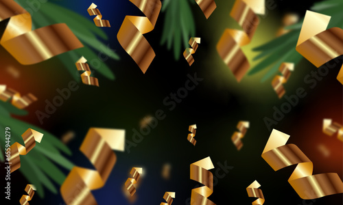 Background for winter holidays: New Year and Christmas. Background with Christmas trees, confetti and lights. Festive background.