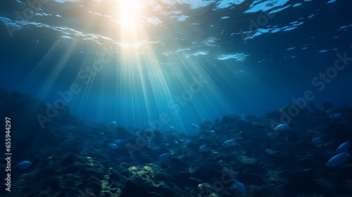 Undersea scene with sunlight and blue ocean background