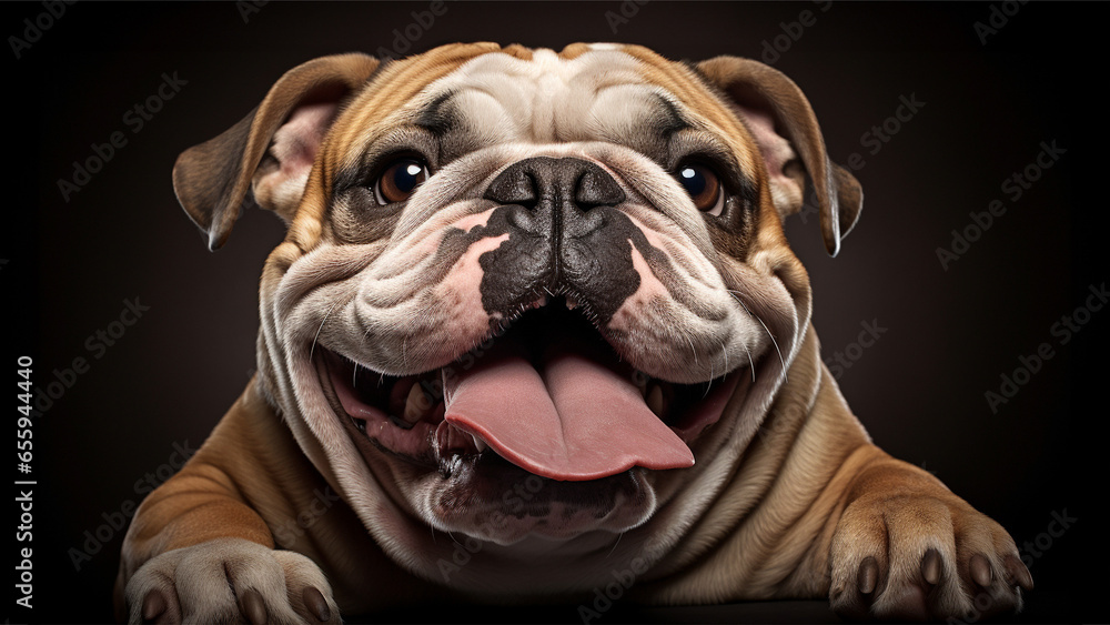 Close-up shot of smiling Bulldog on the black backdrop background