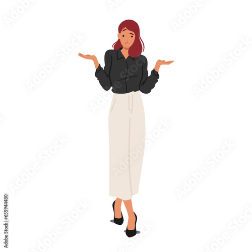 Perplexed Businesswoman Character, Shoulders Shrugged, Wearing Puzzled Expression, Complex Decision Vector Illustration