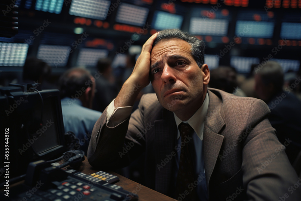 Economic crisis, upset investor trader holding head. Middle-aged broker sitting at stock exchange in front of monitors, falling stock prices