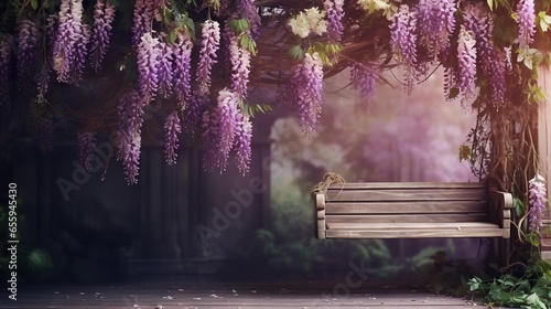 a wooden bench under a purple wister tree in a park.  generative ai photo