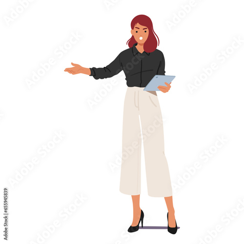 Frustrated Businesswoman Furiously Gesturing with Tablet in Hand, Brows Furrowed, Eyes Ablaze With Determination