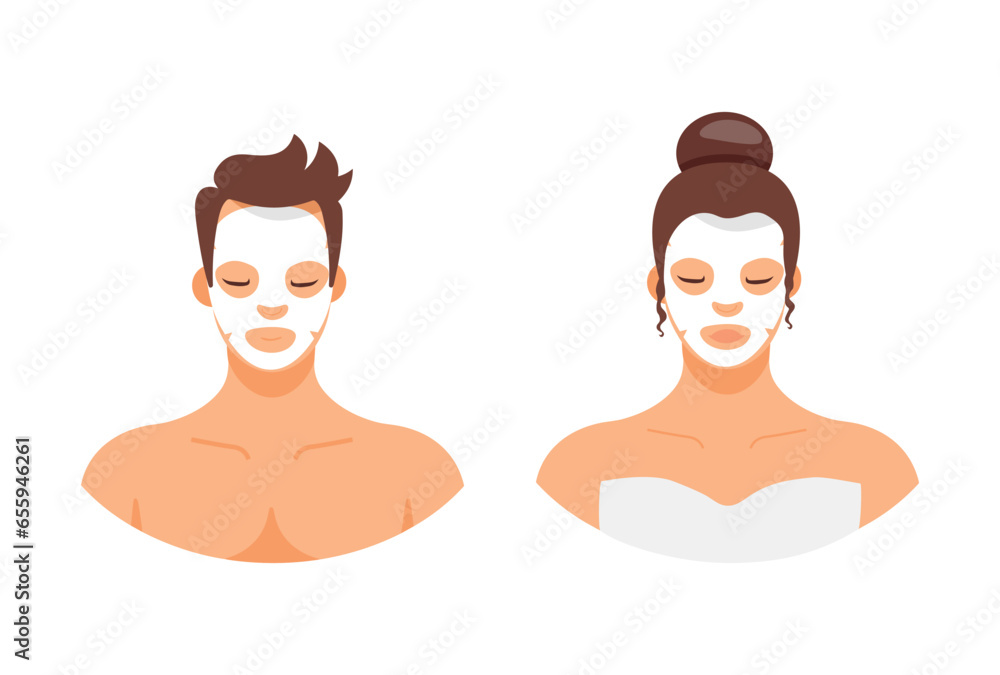 Man and woman with facial mask isolated on white background. Healthy beauty clean treatment. Fashion cosmetics skincare. Vector stock Man and woman with facial mask isolated on white background. Healthy beauty clean treatment. Fashion cosmetics skincare. Vector stock