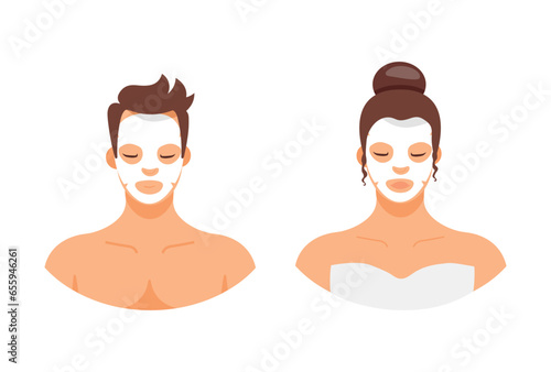 Man and woman with facial mask isolated on white background. Healthy beauty clean treatment. Fashion cosmetics skincare. Vector stock