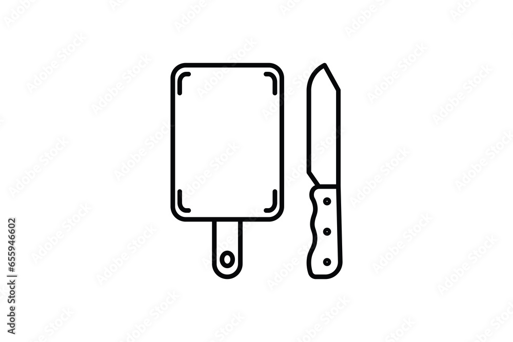 Knife and Cutting Board Icon. Icon related to kitchen tool. Suitable for web site design, app, user interfaces. Line icon style. Simple vector design editable Knife and Cutting Board Icon. Icon related to kitchen tool. Suitable for web site design, app, user interfaces. Line icon style. Simple vector design editable