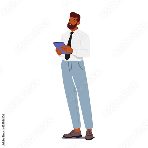 Black Businessman Stand With Tablet In Hands, Confident Male Character Wearing Formal Suit. Clerk, Coach, Manager