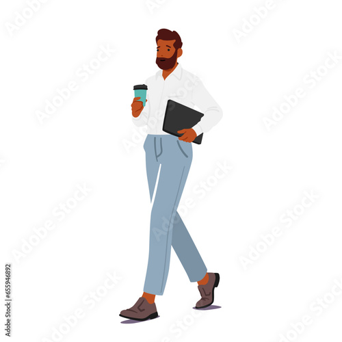 Business Man In Smart Office Wear Holding Briefcase And Drinking Coffee From Disposable Cup On The Go, Vector
