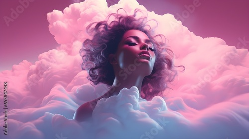 A Dreamlike Image of a Woman with Flowing Hair and a Pink Cloud Background. A Woman’s Cloudy Hair Blends with the Pink Sky in a Surreal Image. Generative AI © A.M
