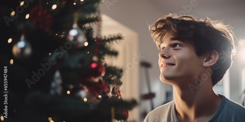 teen on living room with christmas tree, happy young man man on christmas day