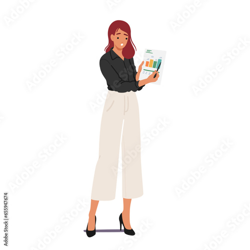 Confident Businesswoman Character Expertly Presenting Charts And Data. Her Poised Demeanor And Insightful Analysis