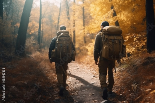 Two men with backpacks walking in the woods. AI Generated