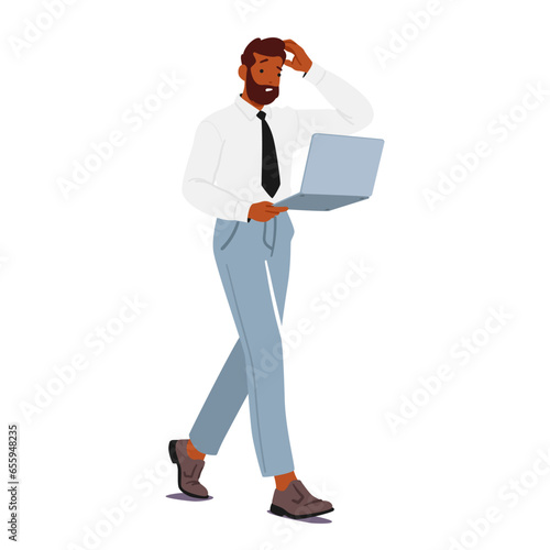 Befuddled Businessman Character Clutching Laptop, Wears Furrowed Brow, Portraying The Chaos Of Modern Corporate Life