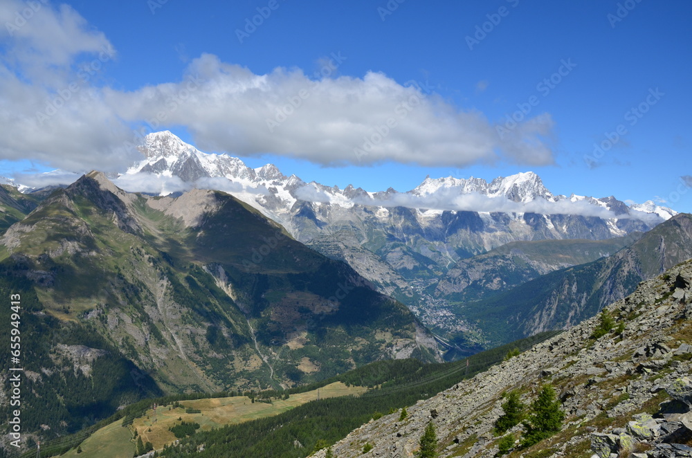 View of Mont Blanc and other mountains from the Colle della Croce, Aosta Valley (Italy)