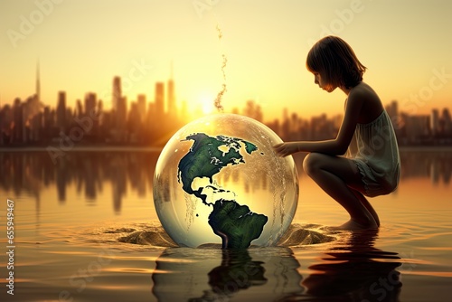 Scarcity of water. World water. Little girl squatting her feet in shallow water. Earth in a big transparent water ball in front of her. Concept of water scarcity  saving water  water for the planet. 