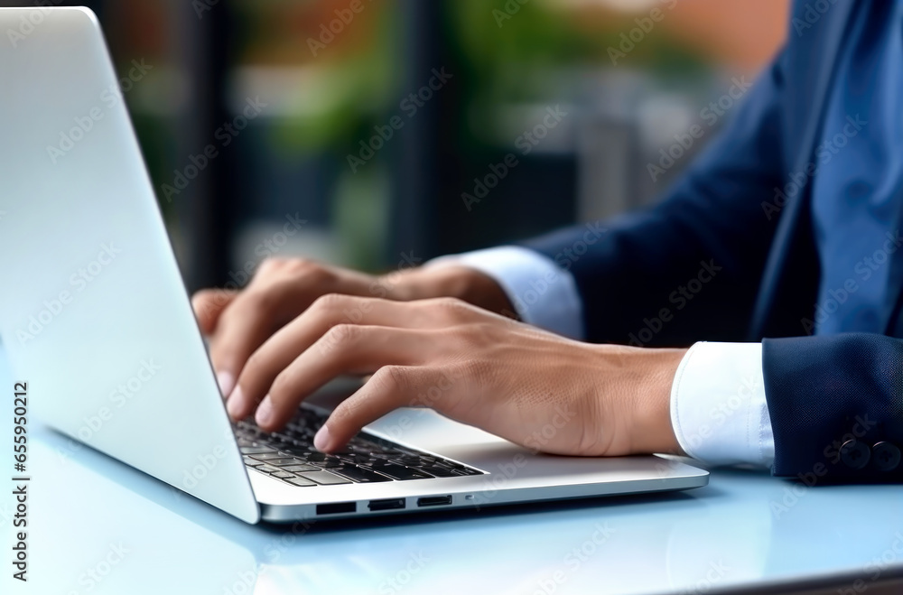 Close up of man hands typing text on laptop keyboard sitting at wooden table. Made with AI generation Close up of man hands typing text on laptop keyboard sitting at wooden table. Made with AI generation