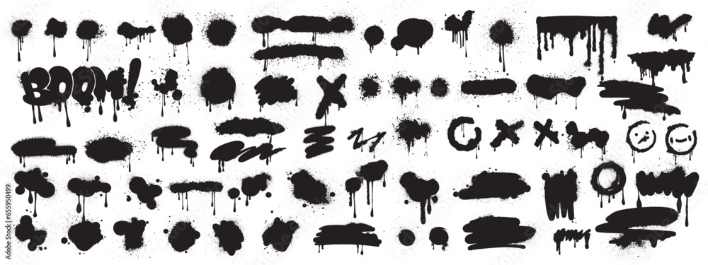Spray graffiti element set, can splatter brush drip freehand kit, vector urban street black grunge. Cool hand writing stain splash, dirty messy airy ink stroke and circles. Spray graffiti dark splash