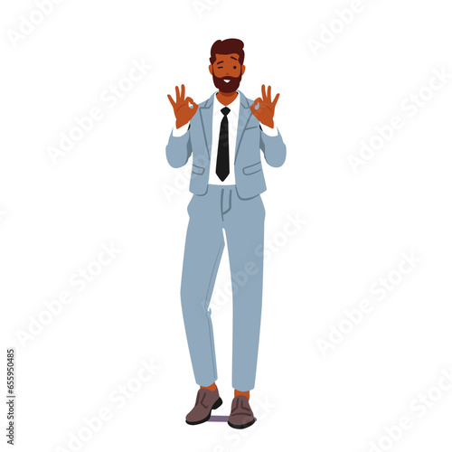 Confident Businessman Character Wears Smart Suit, Giving An Affirmative Ok Gesture With A Reassuring Smile, Vector