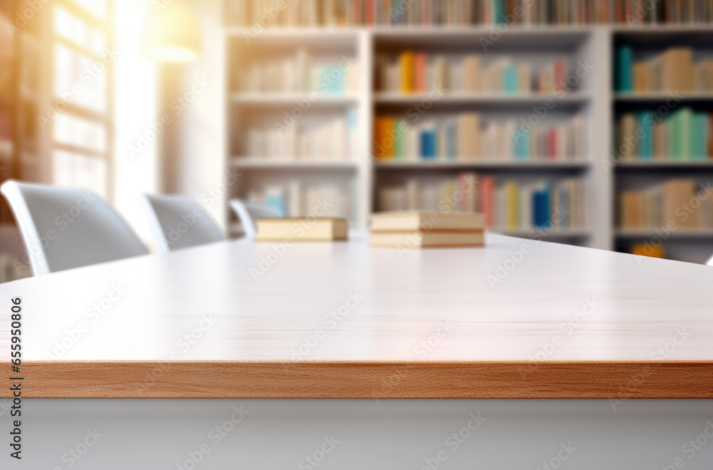Wooden desk with library room with blur background, copy space for your text. Made with AI generation Wooden desk with library room with blur background, copy space for your text. Made with AI generation