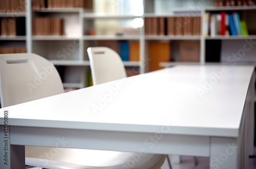 Wooden desk with library room with blur background, copy space for your text. Made with AI generation © millenius