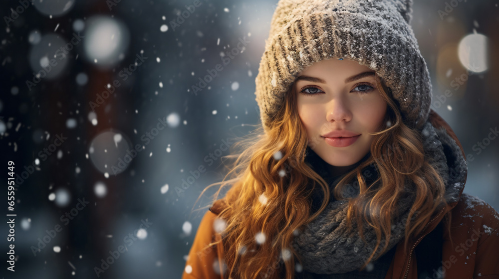 Portrait of young beautiful woman in winter clothes and strong snowing - obrazy, fototapety, plakaty 