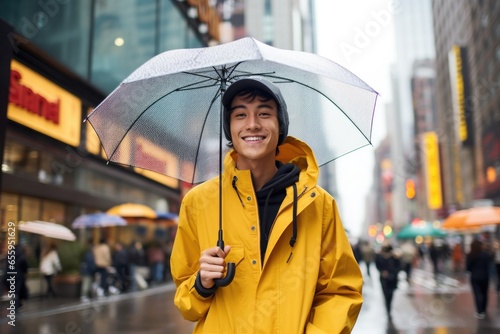 asian young man winter rainy day concept