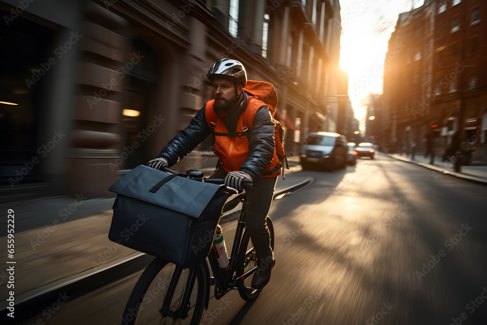 Obraz premium Delivery man riding a bike along the city