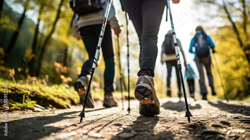 Older people doing Nordic walking exercises. Made with AI generation