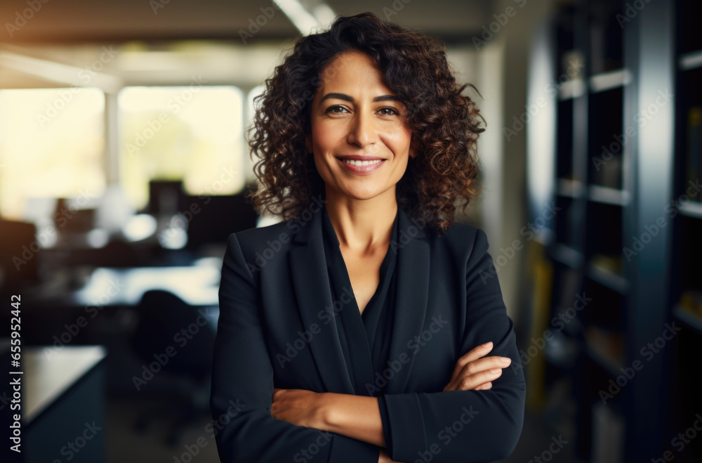 Happy smiling latina businesswoman looking at camera. Made with AI generation - obrazy, fototapety, plakaty 