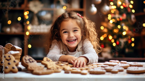 Little girl baking Christmas cookies at home. Made with AI generation