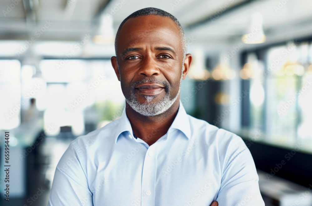 Close up portrait of a smiling african businessman standing outdoors in city. Generated with AI Close up portrait of a smiling african businessman standing outdoors in city. Generated with AI
