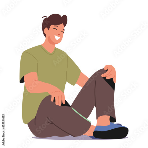 Contented Man Sits Comfortably On The Floor, His Face Adorned With A Warm, Genuine Smile, Radiating Happiness