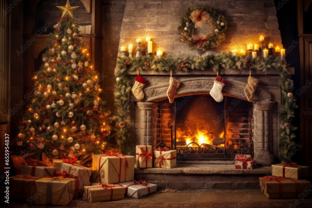 Christmas Interior. Magic glowing fireplace in the living room Christmas Interior. Magic glowing fireplace in the living room