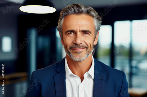 Close up portrait of a smiling businessman standing outdoors in city. Generated with AI