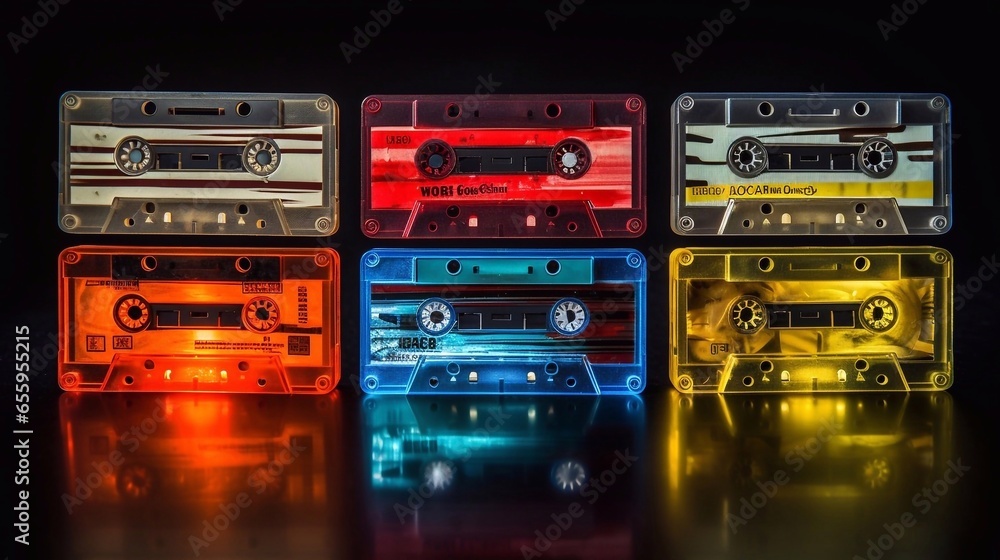 Retro plastic audio cassettes on a black background, close-up