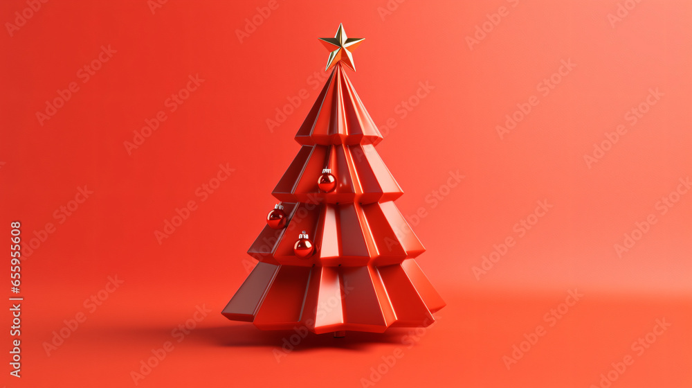 Red christmas tree on red background for christmas decoration with shadow 3D rendering - obrazy, fototapety, plakaty 