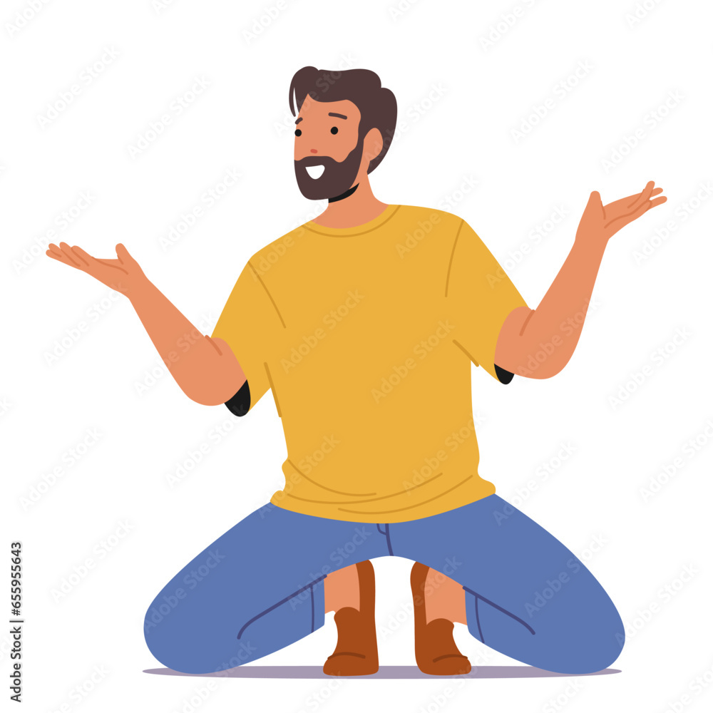 Cheerful Man Sits On The Floor, Beaming And Using Expressive Hand Gestures To Convey His Joy And Enthusiasm Cheerful Man Sits On The Floor, Beaming And Using Expressive Hand Gestures To Convey His Joy And Enthusiasm