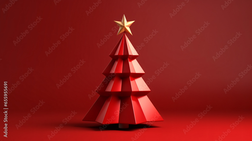 Naklejka premium Red christmas tree on red background for christmas decoration with shadow 3D rendering