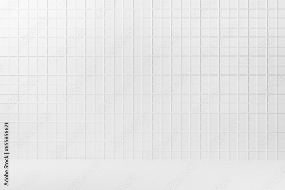 Abstract interior with white tiny square ceramic tiles on wall and wood floor or shelf, mockup, empty. Template for presentation, showing, design in modern minimalist style. - obrazy, fototapety, plakaty 