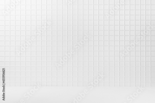 Abstract interior with white tiny square ceramic tiles on wall and wood floor or shelf, mockup, empty. Template for presentation, showing, design in modern minimalist style.