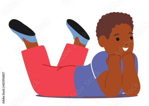 Boy Character Lies On His Stomach, Dangle His Legs, Lost In Dreams. His Innocent Face Reflects Wonder And Imagination