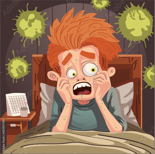 Illustration of a scared boy in bed surrounded by microbes. Diseases Symptoms