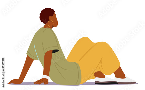 Black Woman Character Gracefully Sits On The Floor, Her Posture Relaxed Yet Confident. With Poise, She Gazes Ahead