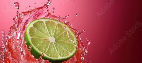 Generative AI, Fresh lime macro, grapefruit slice in water splash, green and pink magenta colors