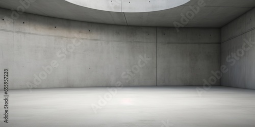 Abstract large, empty, modern concrete room with concrete tube in the upper right and rough floor - industrial interior background template, Generative AI