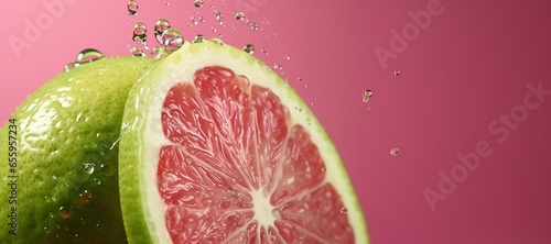 Generative AI, Fresh lime macro, grapefruit slice in water splash, green and pink magenta colors