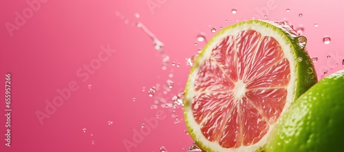 Generative AI, Fresh lime macro, grapefruit slice in water splash, green and pink magenta colors