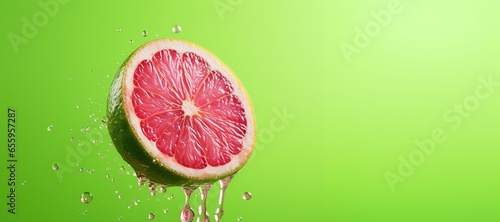 Generative AI, Fresh lime macro, grapefruit slice in water splash, green and pink magenta colors