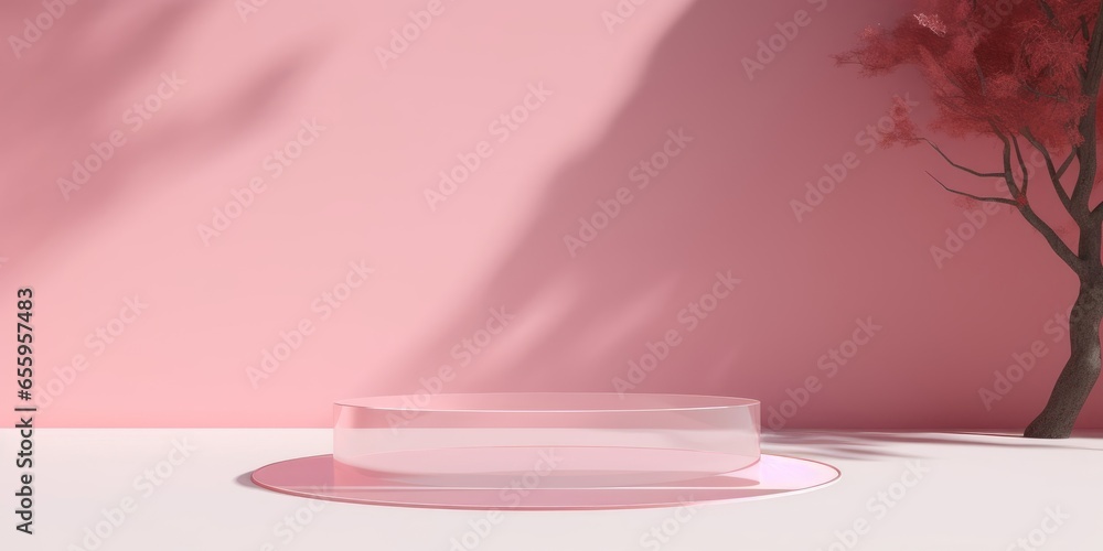 Empty, blank, square podium or dais in pink room background with tree shadow and glassmorphism wall, product or design placement template, Generative AI