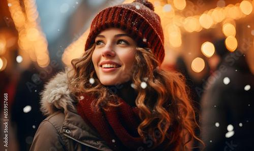 Young woman enjoying Christmas fest, winter season, snowy weather - Generative AI